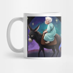 Elderly Woman Riding a Donkey Mug